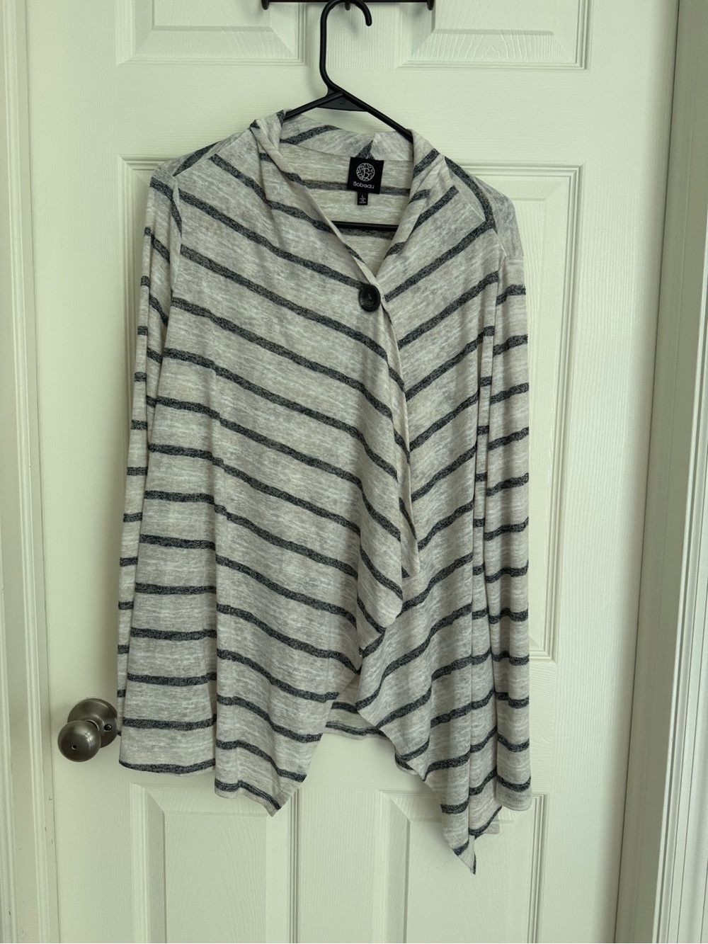 bobeau Gray and White Striped Hooded Wrap Cardigan